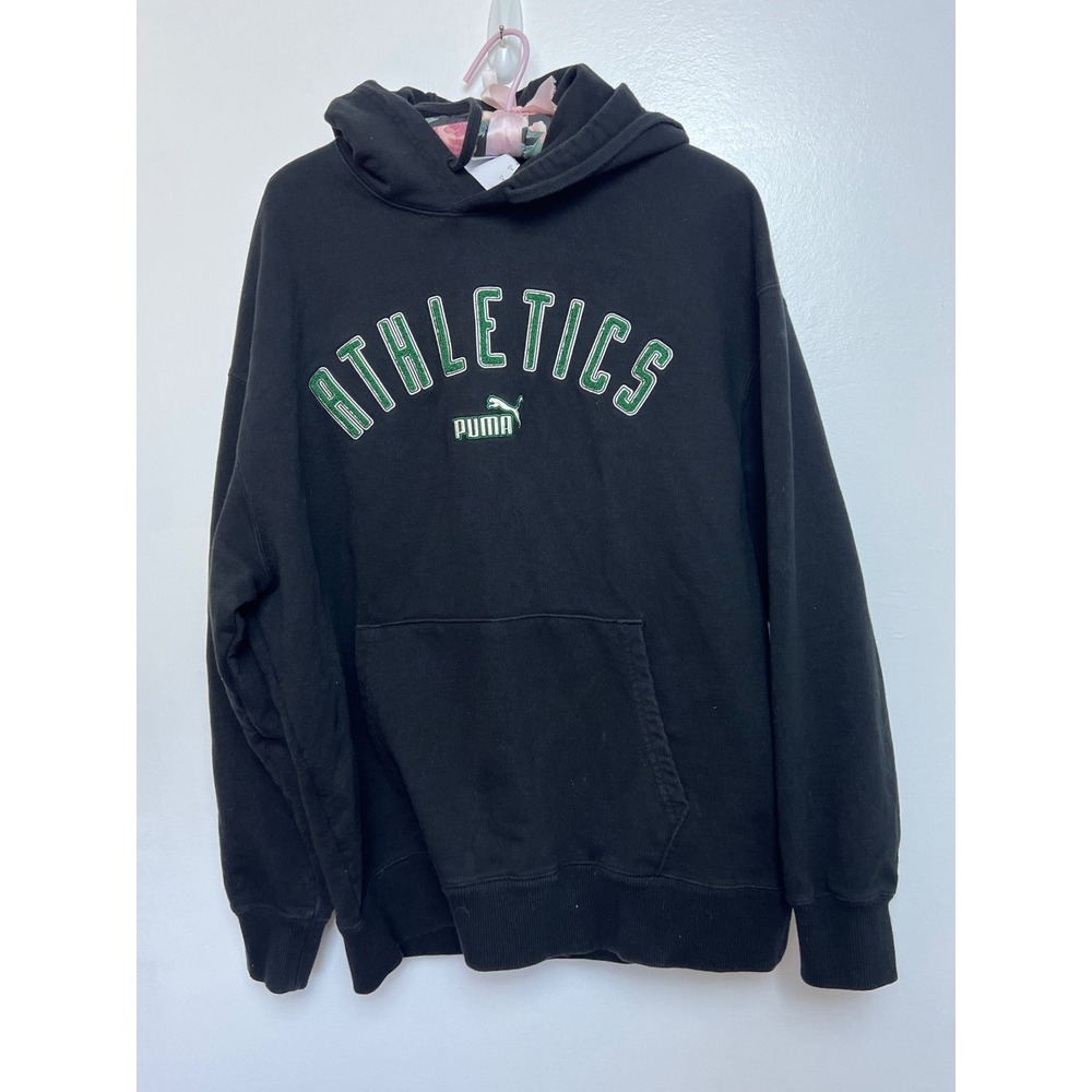 Puma Athletics Mens Hoodie Black‎ Green Chenille Patch Logo Pullover L Gorpcore
